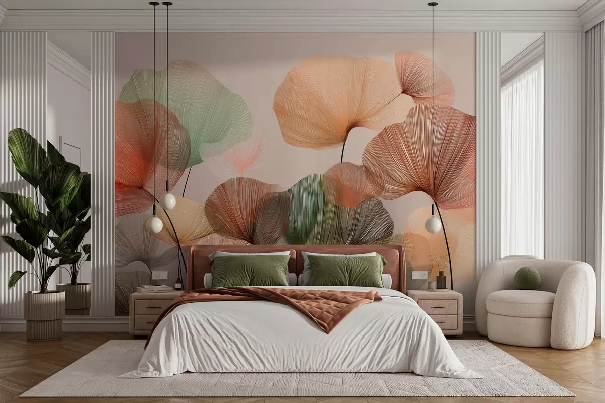 Fotobehang veelkleurige ginkgobladeren met nerven w04305