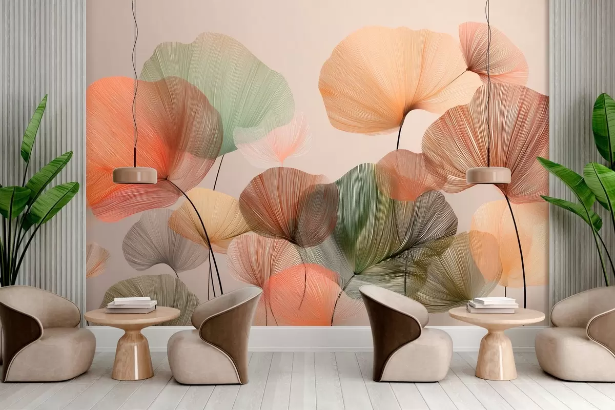 Fotobehang veelkleurige ginkgobladeren met nerven w04305