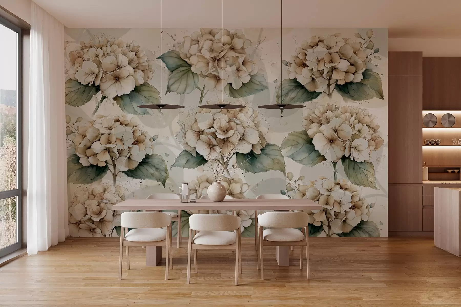 Fotobehang grote hortensia's in aquarelstijl w04312