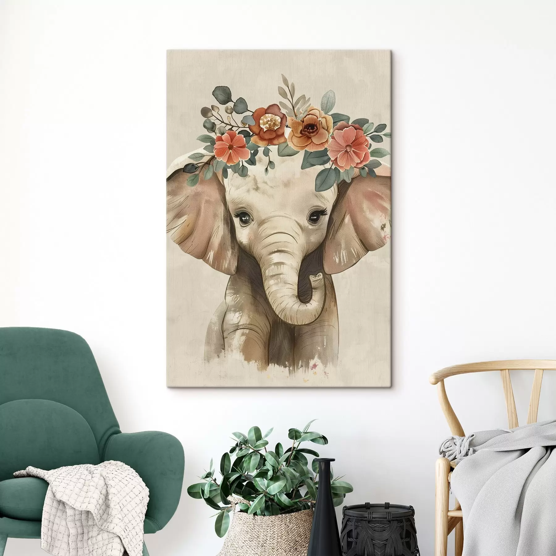  Schilderijen Schattige aquarel olifant met bloemen s45330