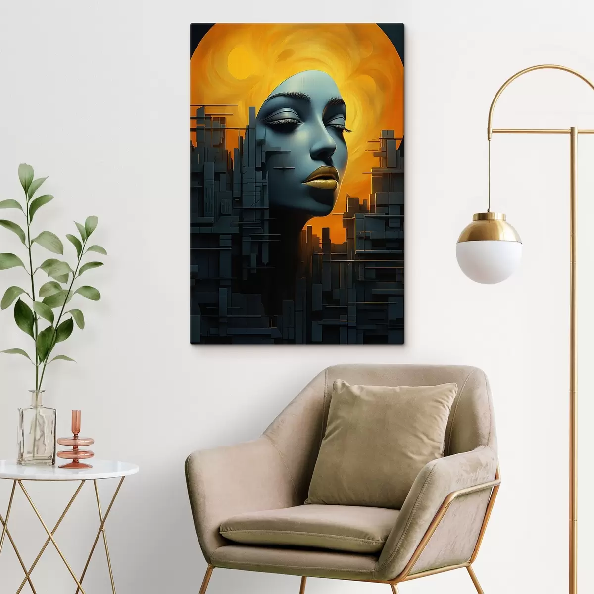  Schilderijen Mensen, de stad van het meisjesgezicht op een abstracte achtergrond s45342
