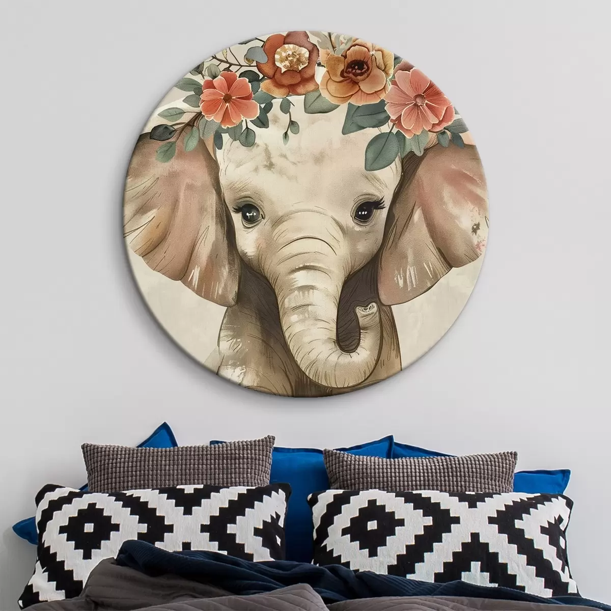 Ronde schilderijen Schattige aquarel olifant met bloemen r45330