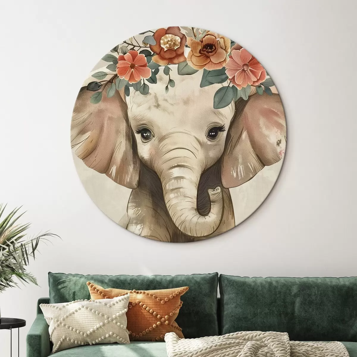 Ronde schilderijen Schattige aquarel olifant met bloemen r45330