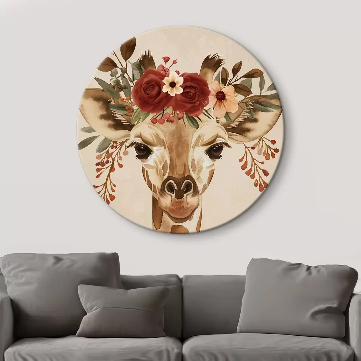 Ronde schilderijen Giraffe in aquarelstijl met bloemen op zijn hoofd r45331