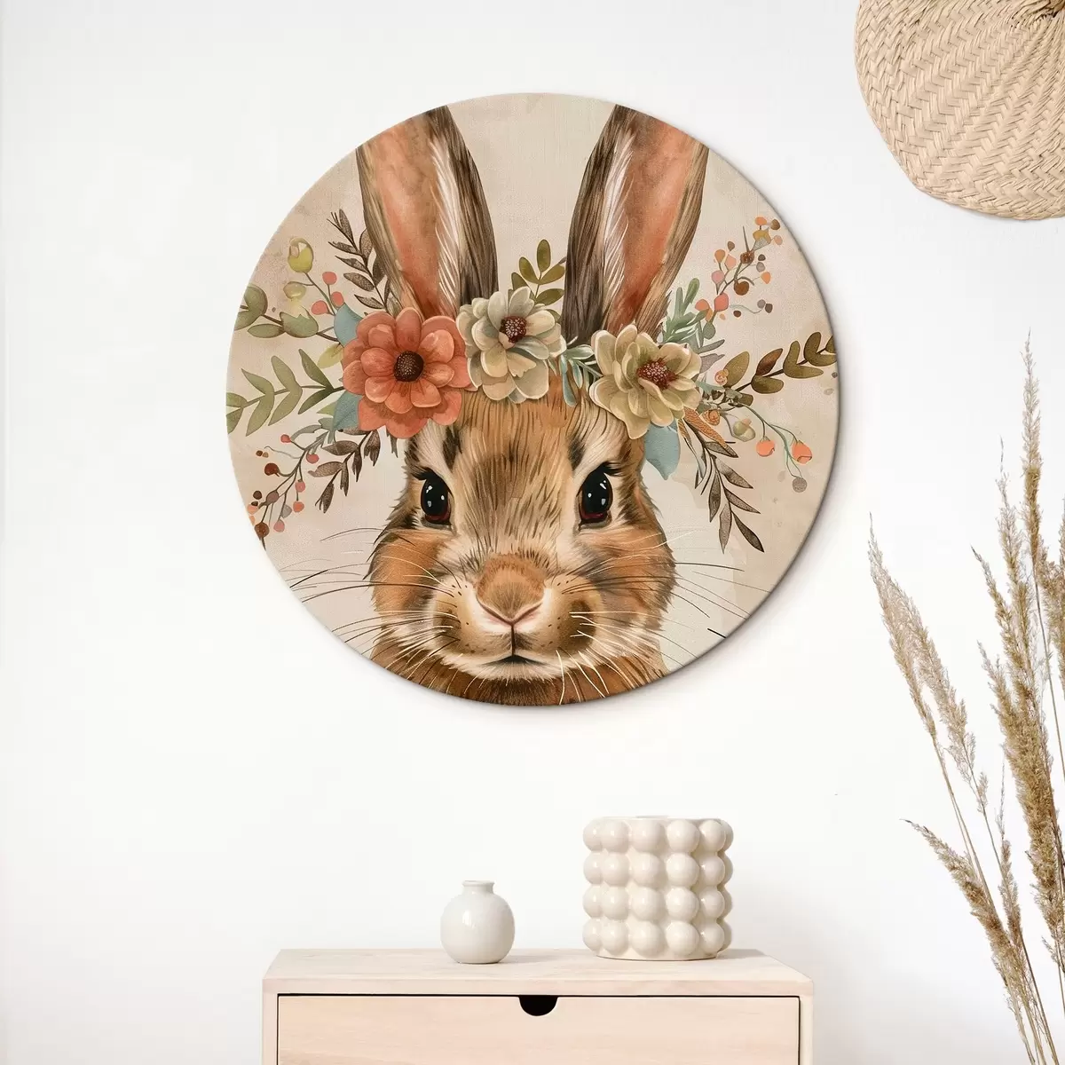 Ronde schilderijen Schattige haas met bloemen in aquarelstijl r45332