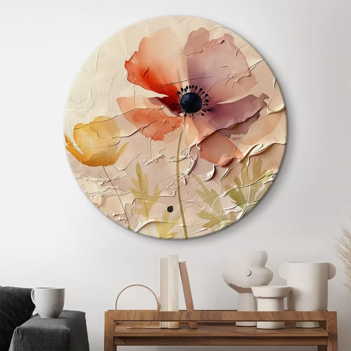 Ronde schilderijen Doorschijnend bloemstuk op een lichte achtergrond r45338