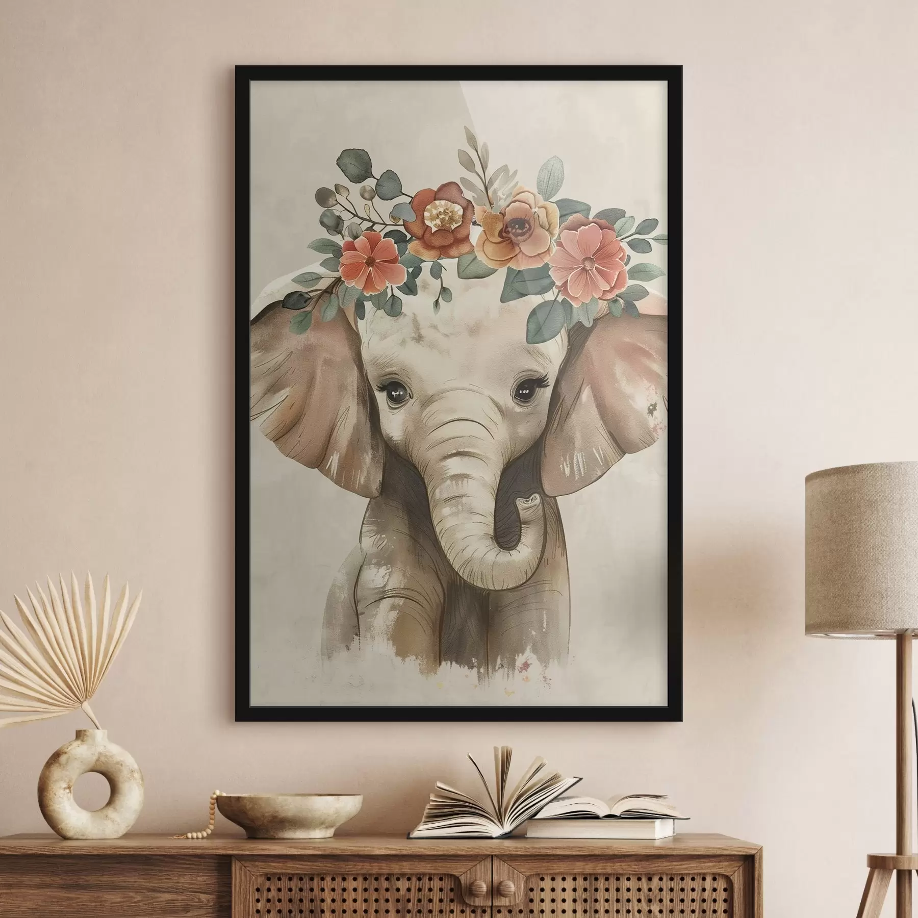 Fotobehang Schattige aquarel olifant met bloemen f45330