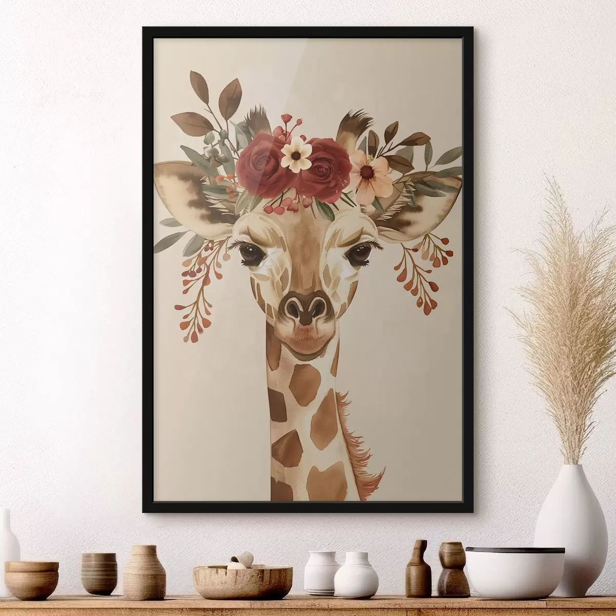 Poster Giraffe in aquarelstijl met bloemen op zijn hoofd f45331