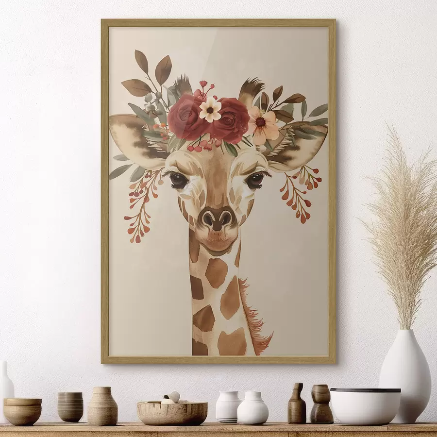 Fotobehang Giraffe in aquarelstijl met bloemen op zijn hoofd f45331
