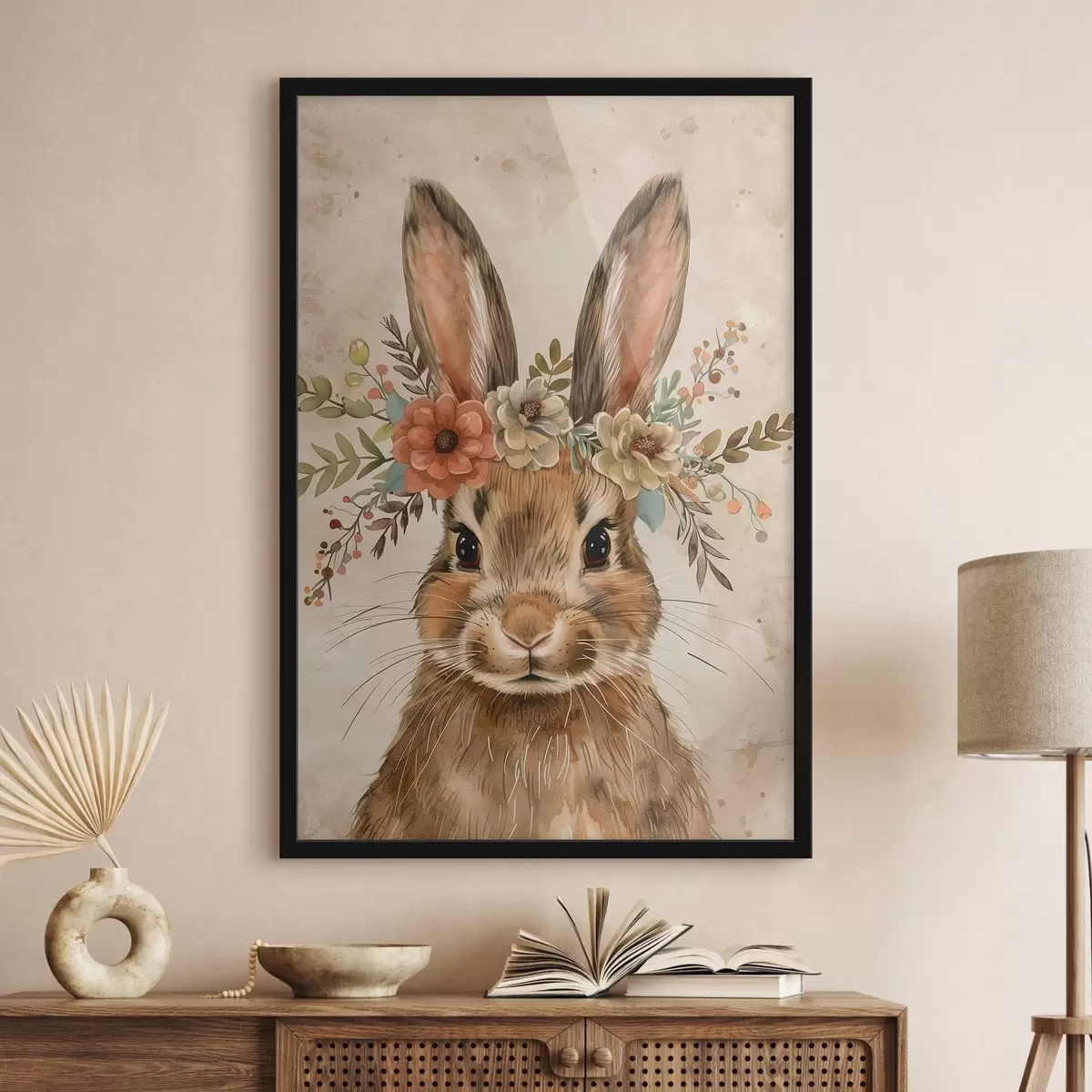 Poster Schattige haas met bloemen in aquarelstijl f45332