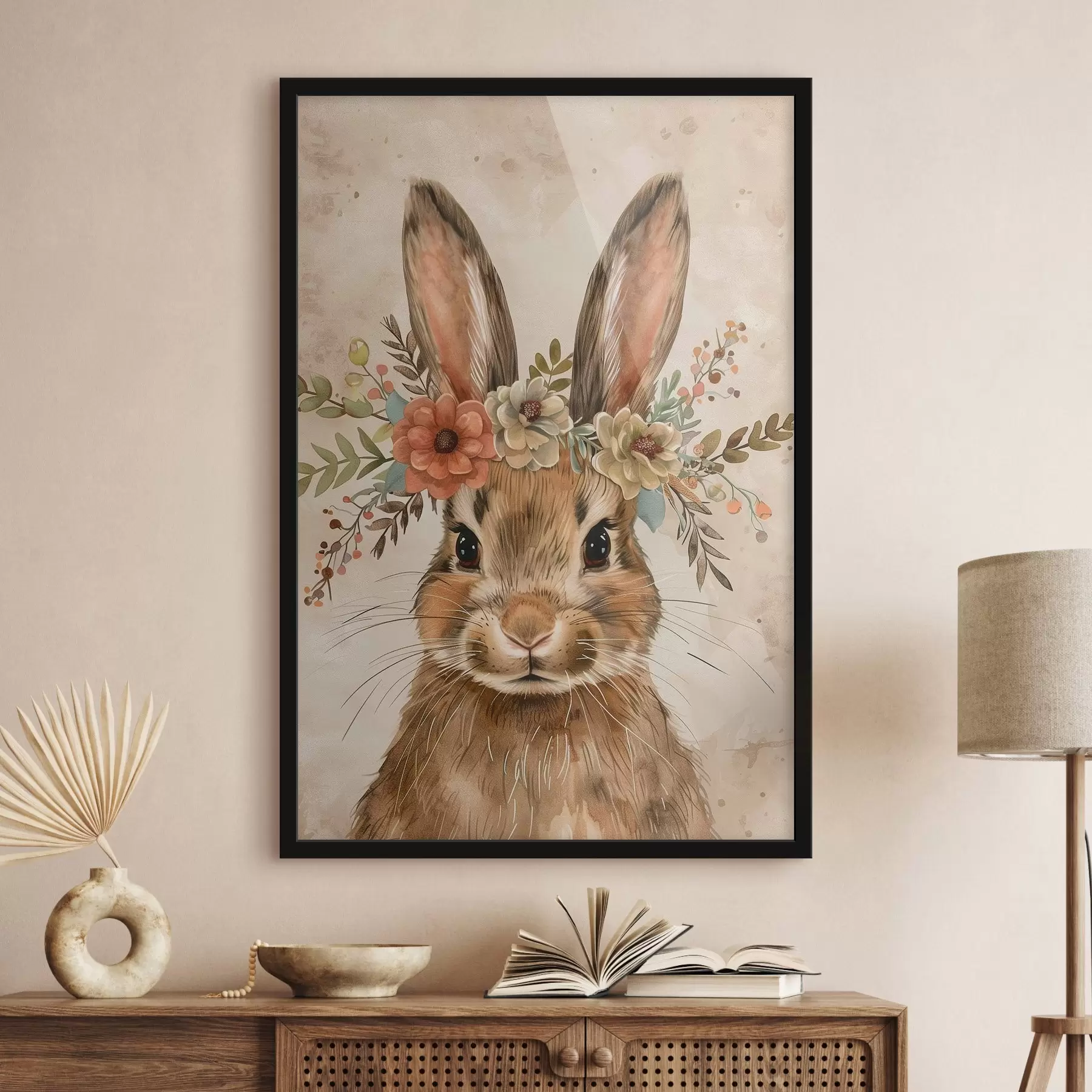 Fotobehang Schattige haas met bloemen in aquarelstijl f45332