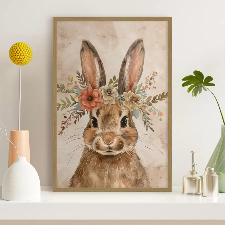 Fotobehang Schattige haas met bloemen in aquarelstijl f45332