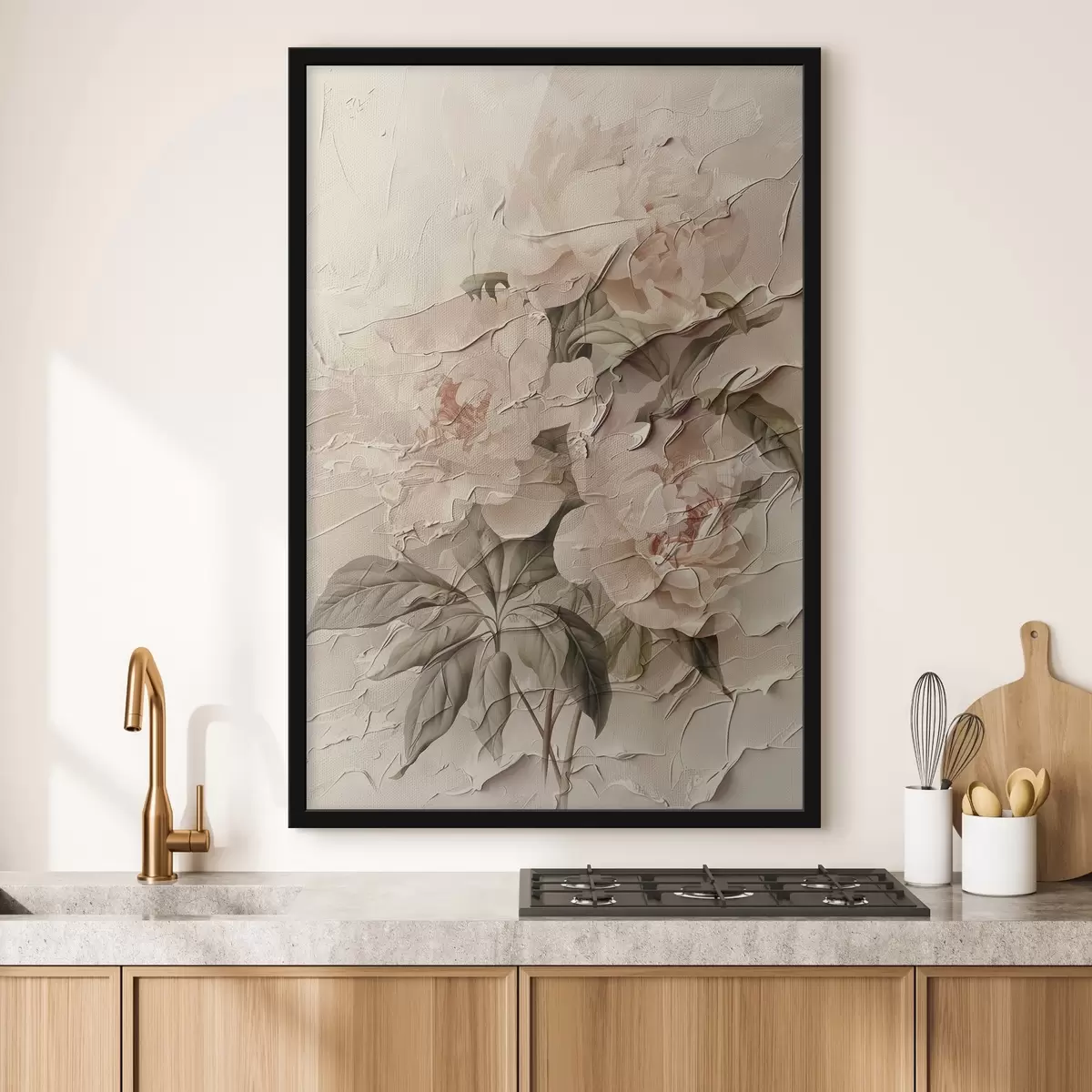 Poster Weelderig boeket pioenrozen in aquarelstijl op een lichte achtergrond f45336