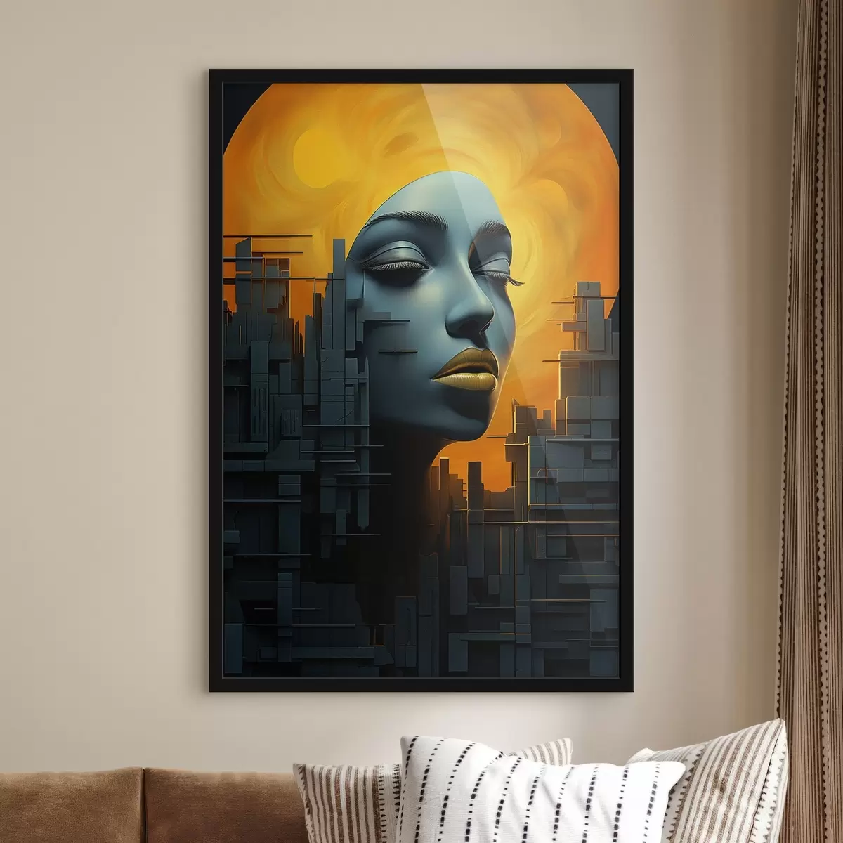 Poster Mensen, de stad van het meisjesgezicht op een abstracte achtergrond f45342