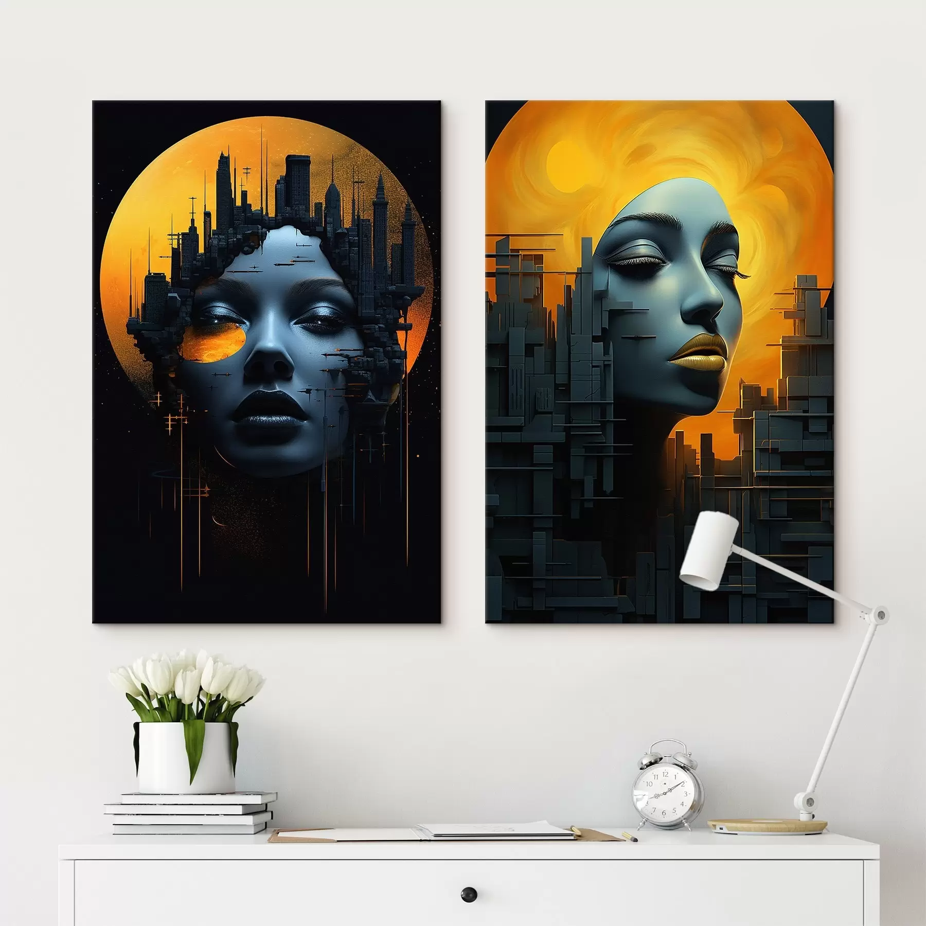  Schilderijen Portret van een meisje op een abstracte stadsachtergrond m00618