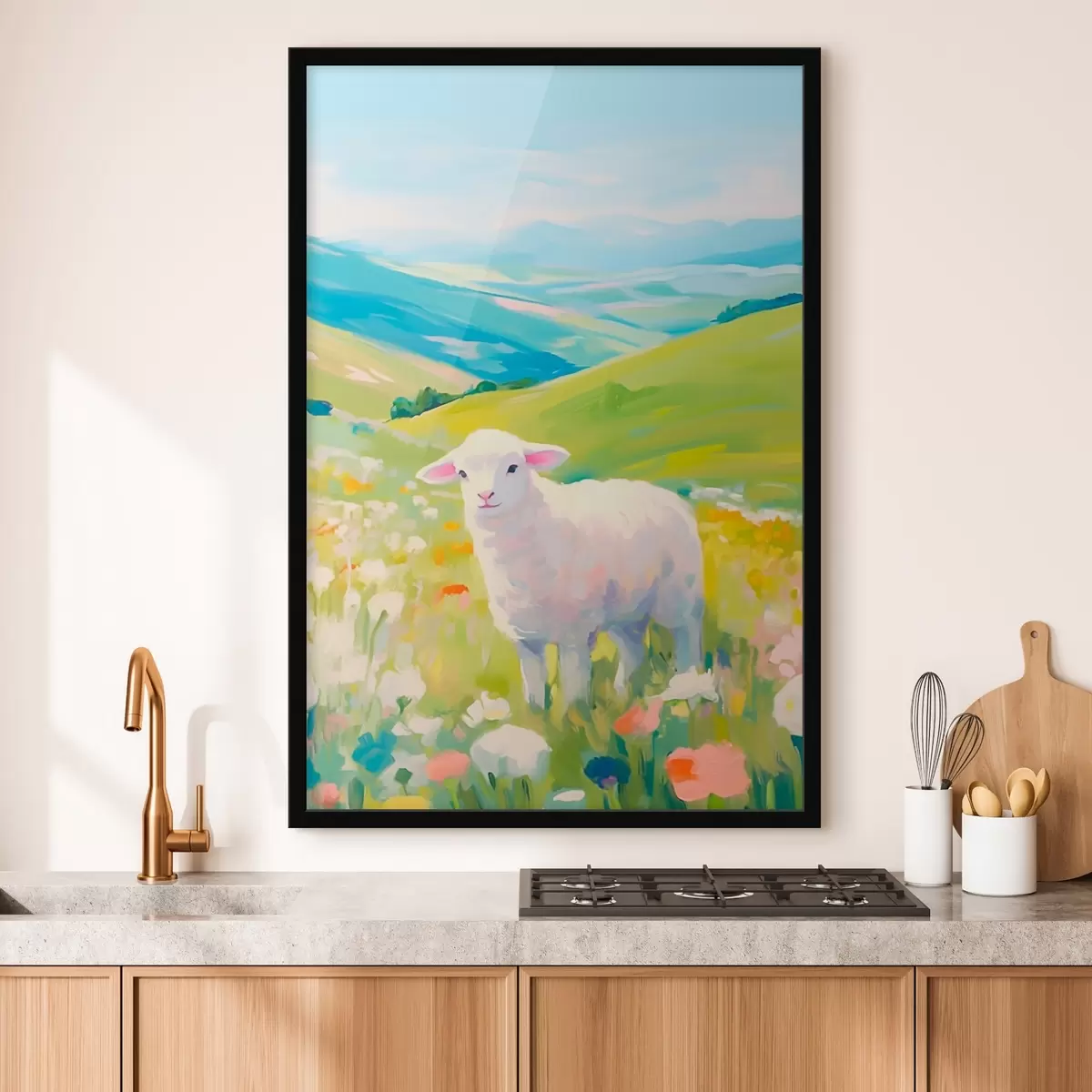 Poster Lam in een bloemenveld f45426