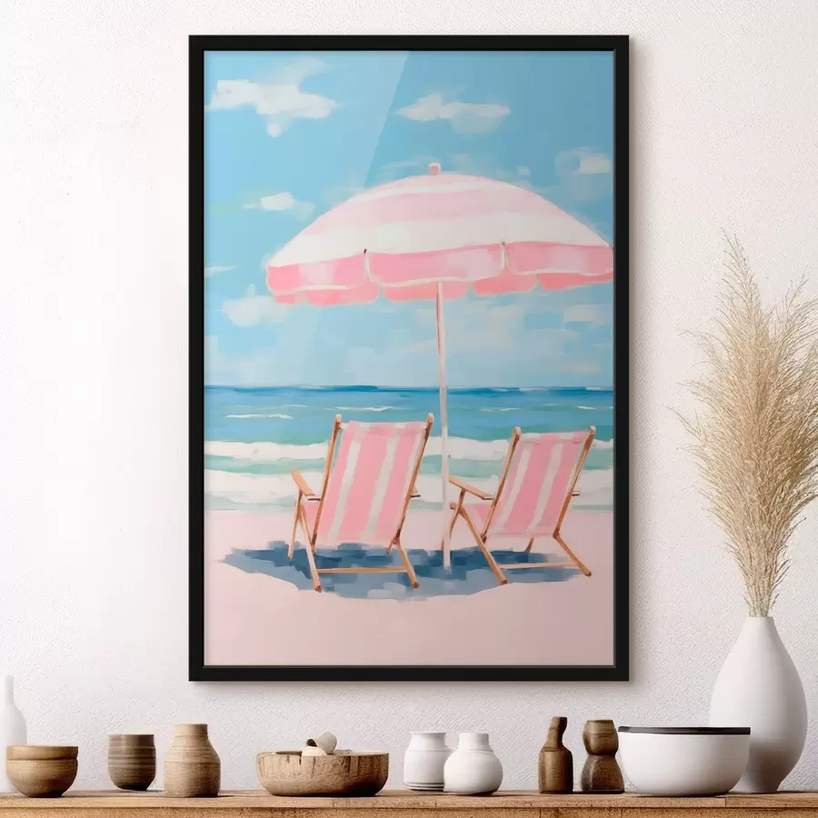 Fotobehang Parasol en ligstoelen aan de kust f45442