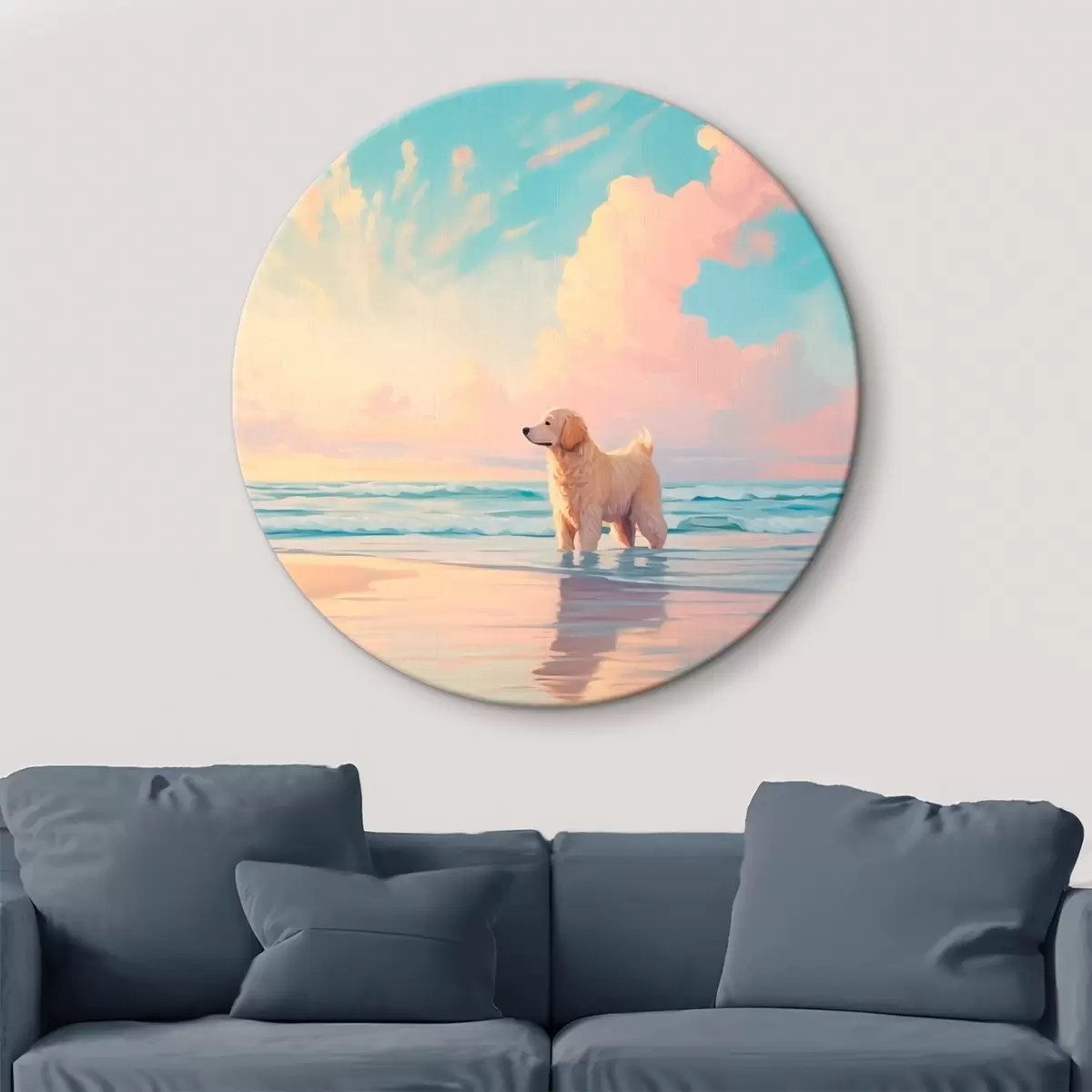 Ronde schilderijen Retriever aan de kust r45425