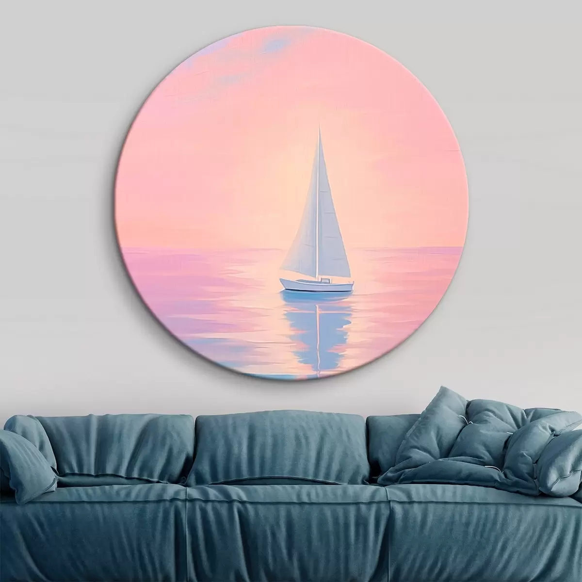 Ronde schilderijen Zeilboot op zee bij zonsondergang r45428