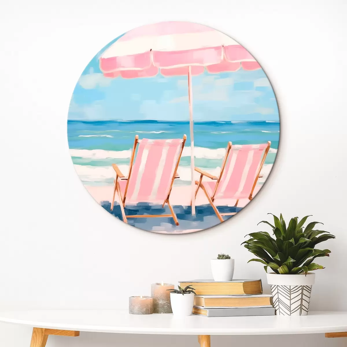 Ronde schilderijen Parasol en ligstoelen aan de kust r45442
