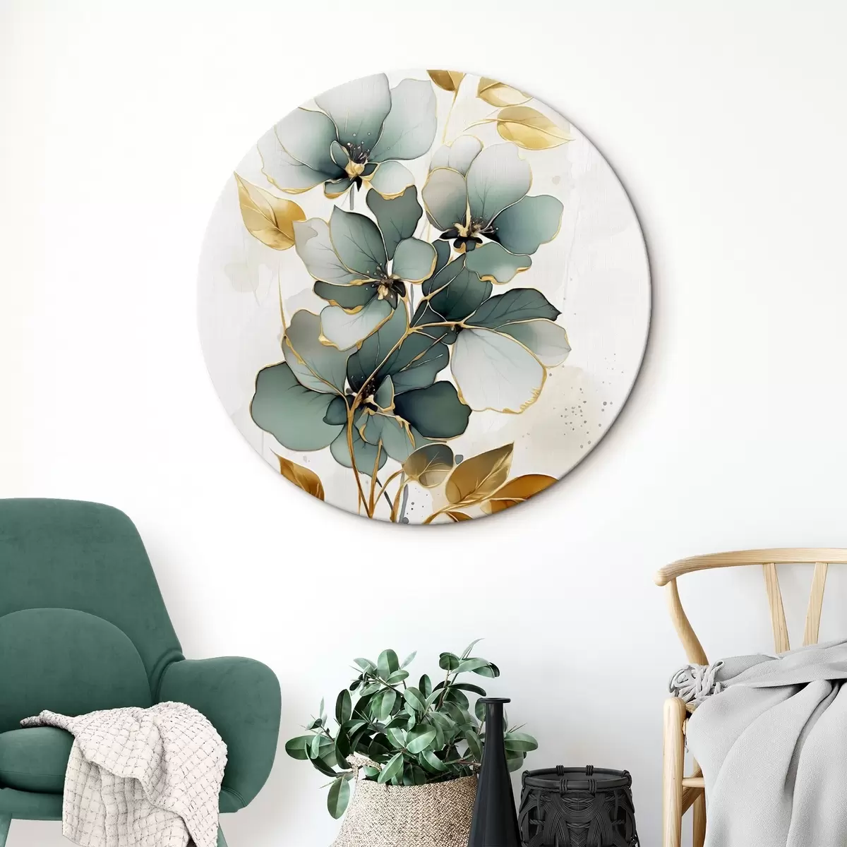 Ronde schilderijen Abstracte tak met bloemen en bladeren r45367