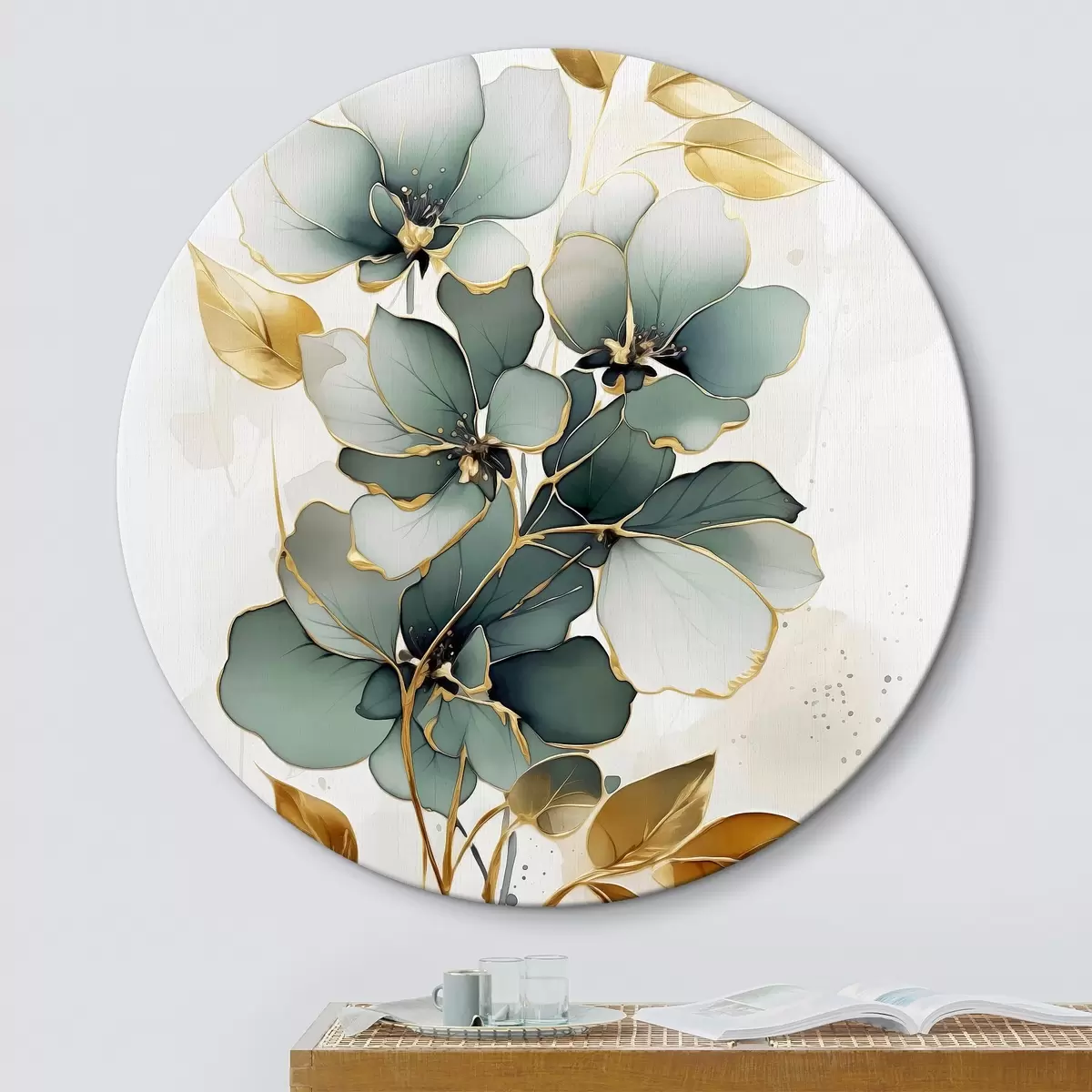 Ronde schilderijen Abstracte tak met bloemen en bladeren r45367