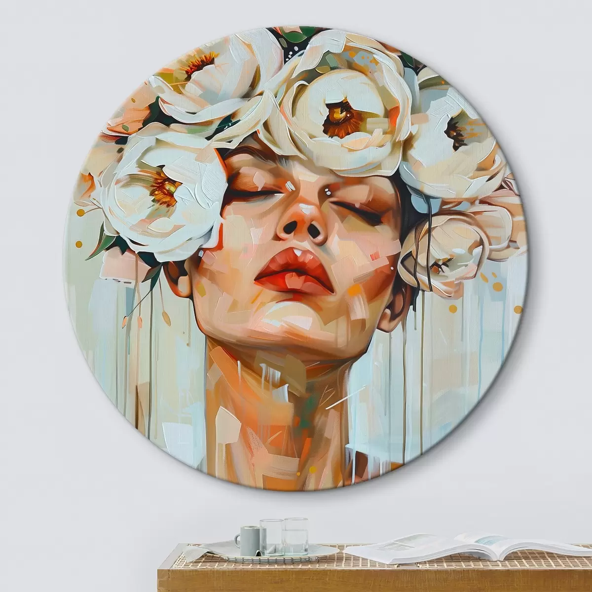 Ronde schilderijen Portret van een vrouw met bloemen r45370