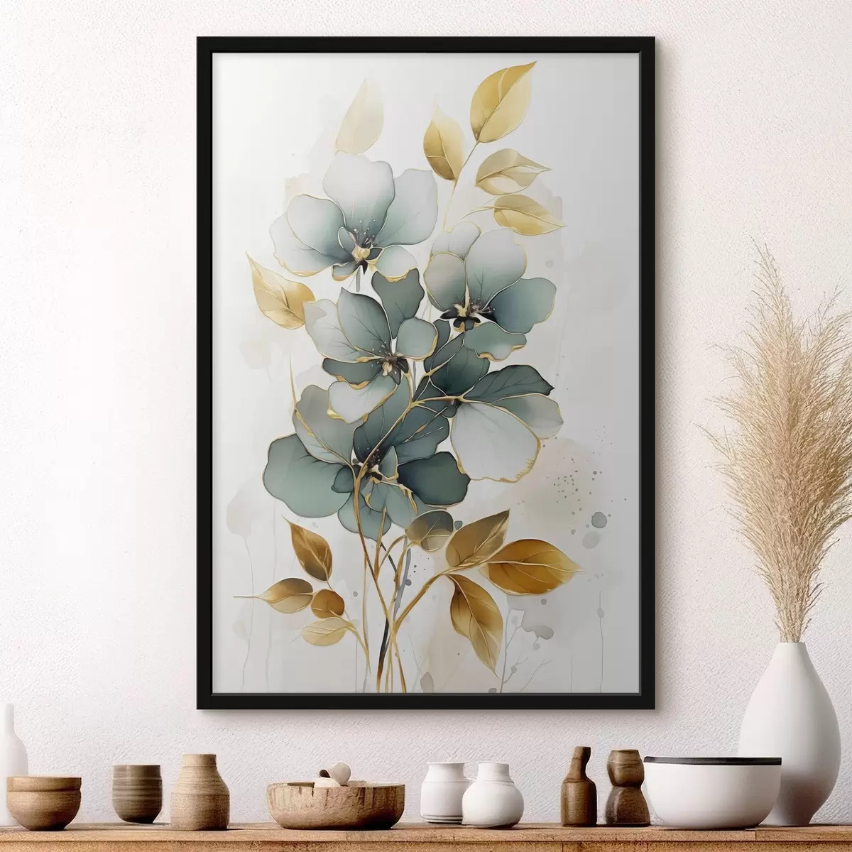 Poster Abstracte tak met bloemen en bladeren f45367