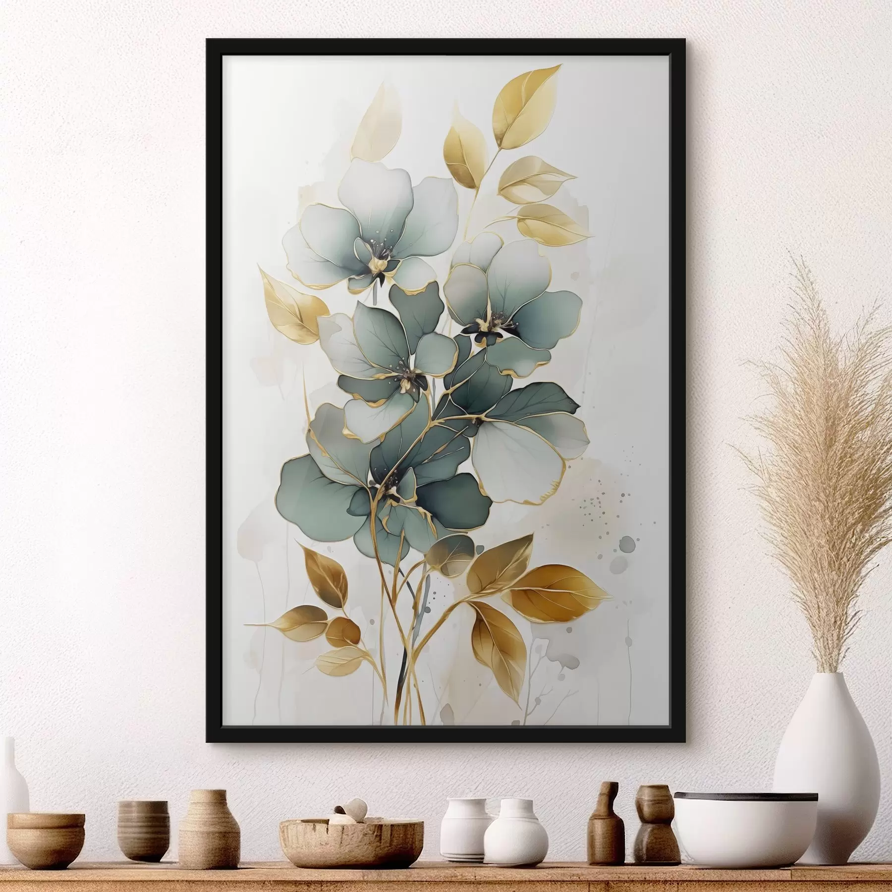 Fotobehang Abstracte tak met bloemen en bladeren f45367