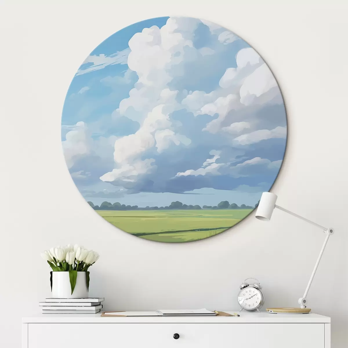 Ronde schilderijen Veld tegen de lucht met enorme wolken r45453