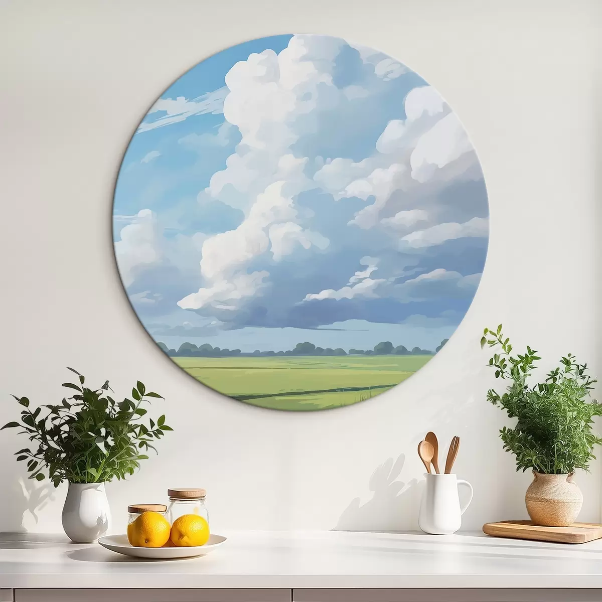 Ronde schilderijen Veld tegen de lucht met enorme wolken r45453