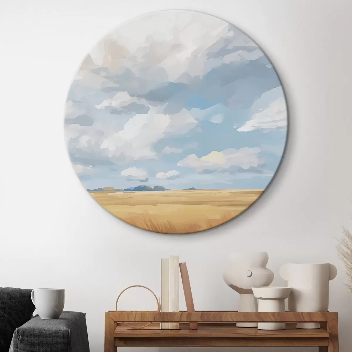 Ronde schilderijen Korenveld tegen de lucht met enorme wolken r45454