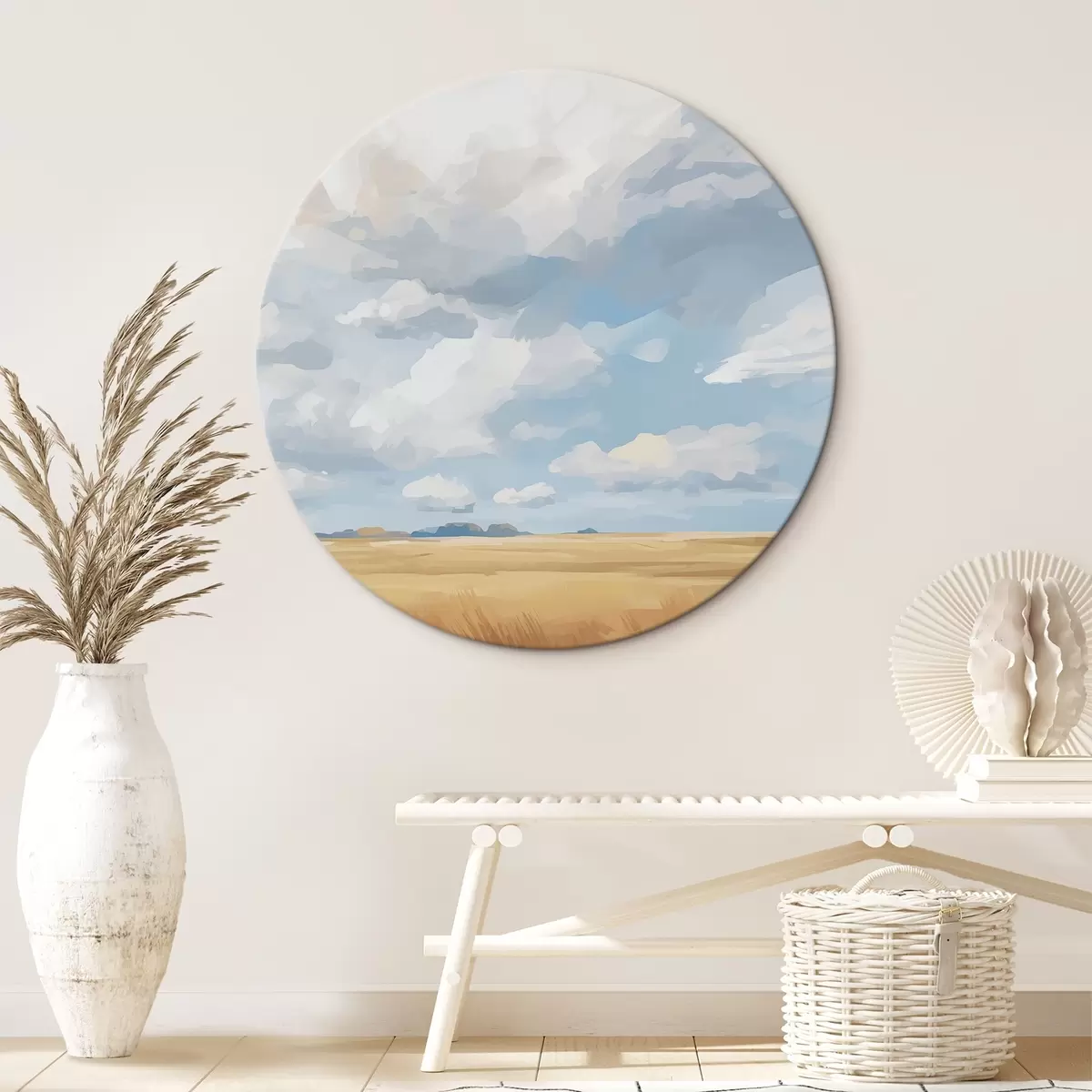 Ronde schilderijen Korenveld tegen de lucht met enorme wolken r45454