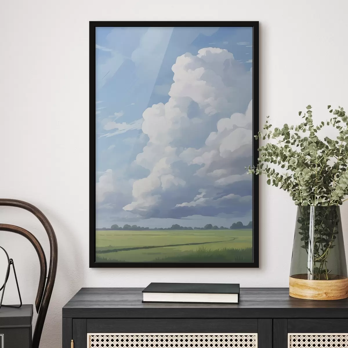 Poster Veld tegen de lucht met enorme wolken f45453