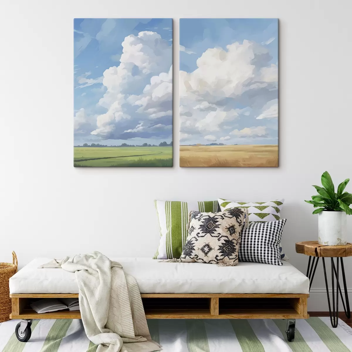  Schilderijen Veld tegen de lucht met enorme wolken m00624