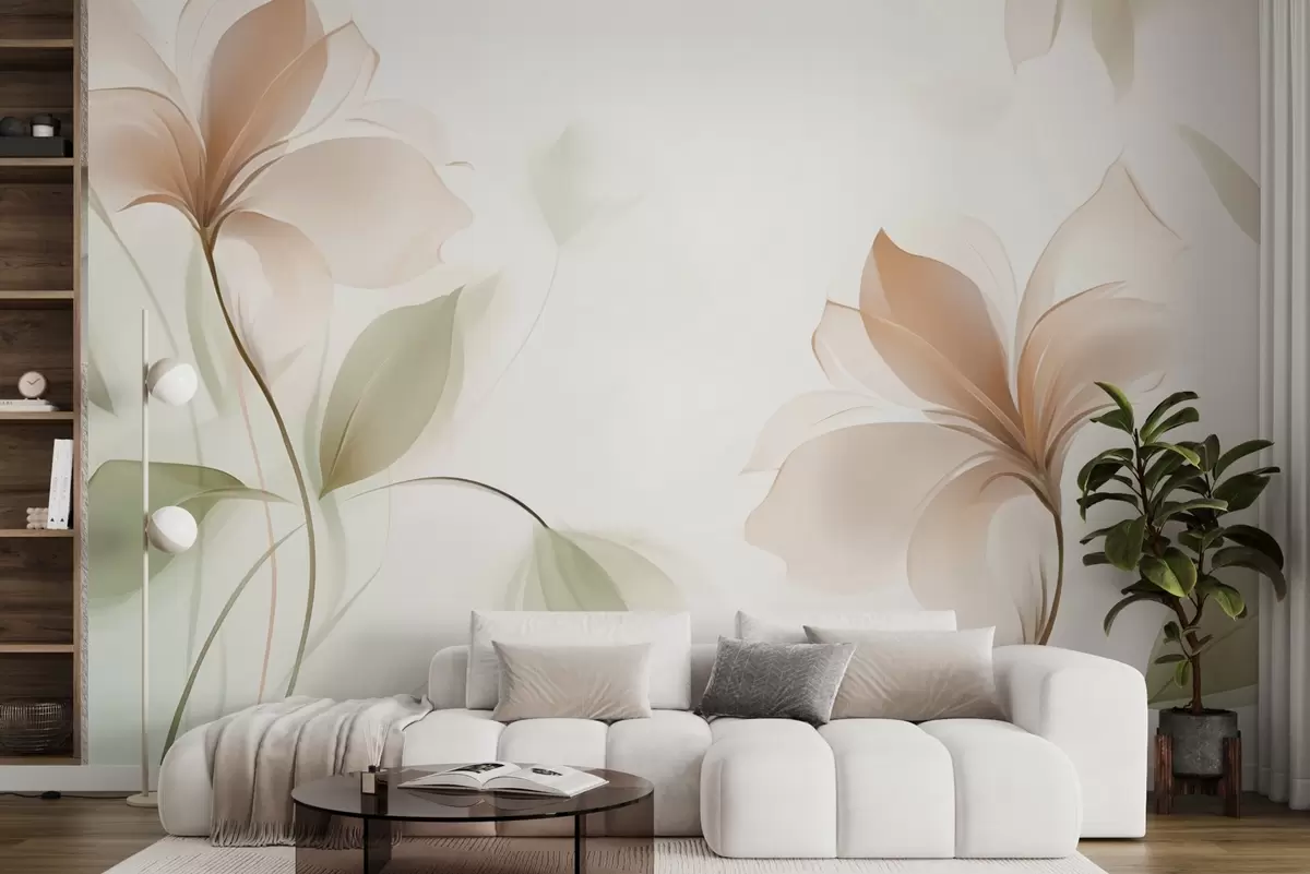 Fotobehang Transparante bloemen in warme beige en roze tinten w04397