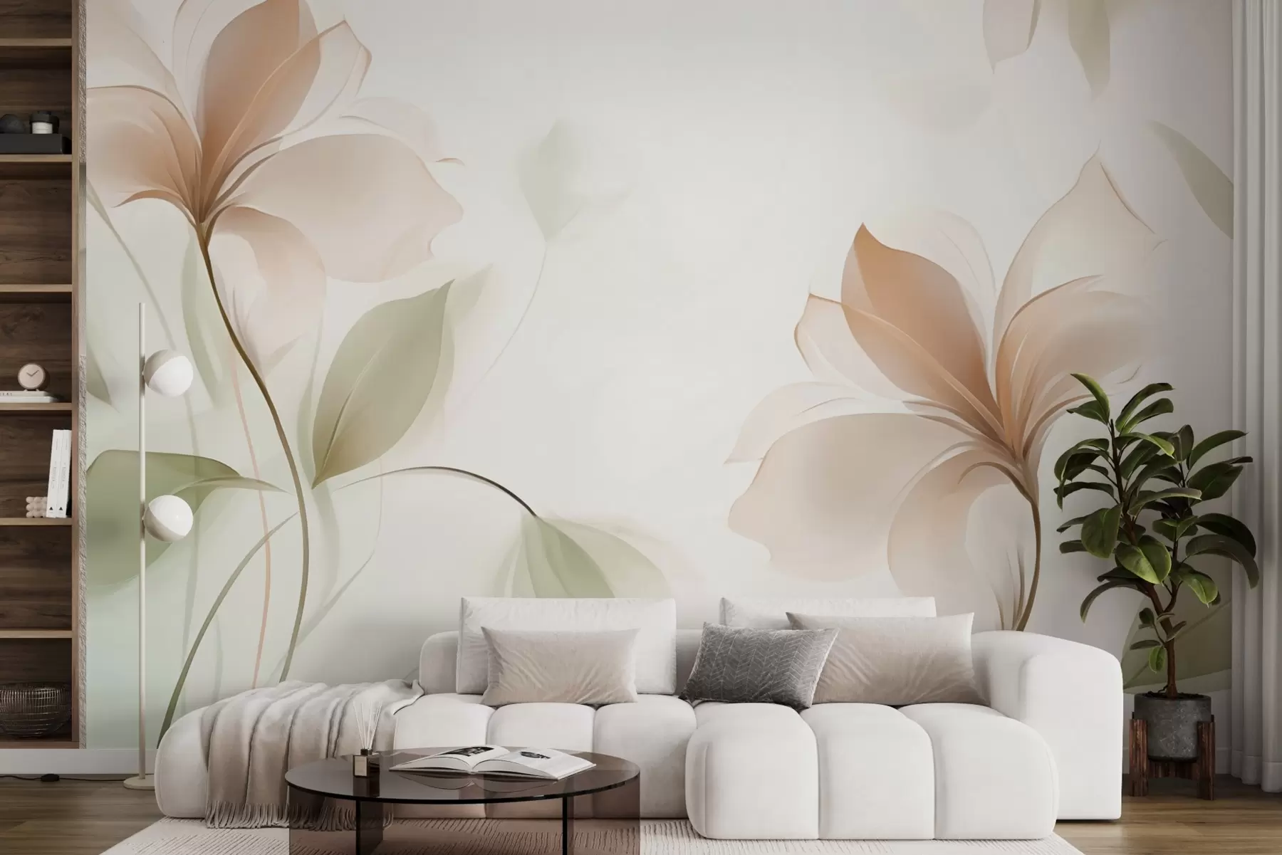 Fotobehang Transparante bloemen in warme beige en roze tinten w04397