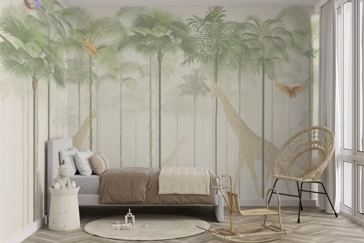 Fotobehang Giraffen en tropische vogels tussen hoge palmbomen w04400