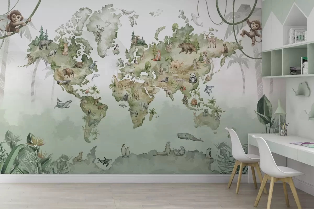 Fotobehang Wereldkaart in aquarelstijl met dieren w04418