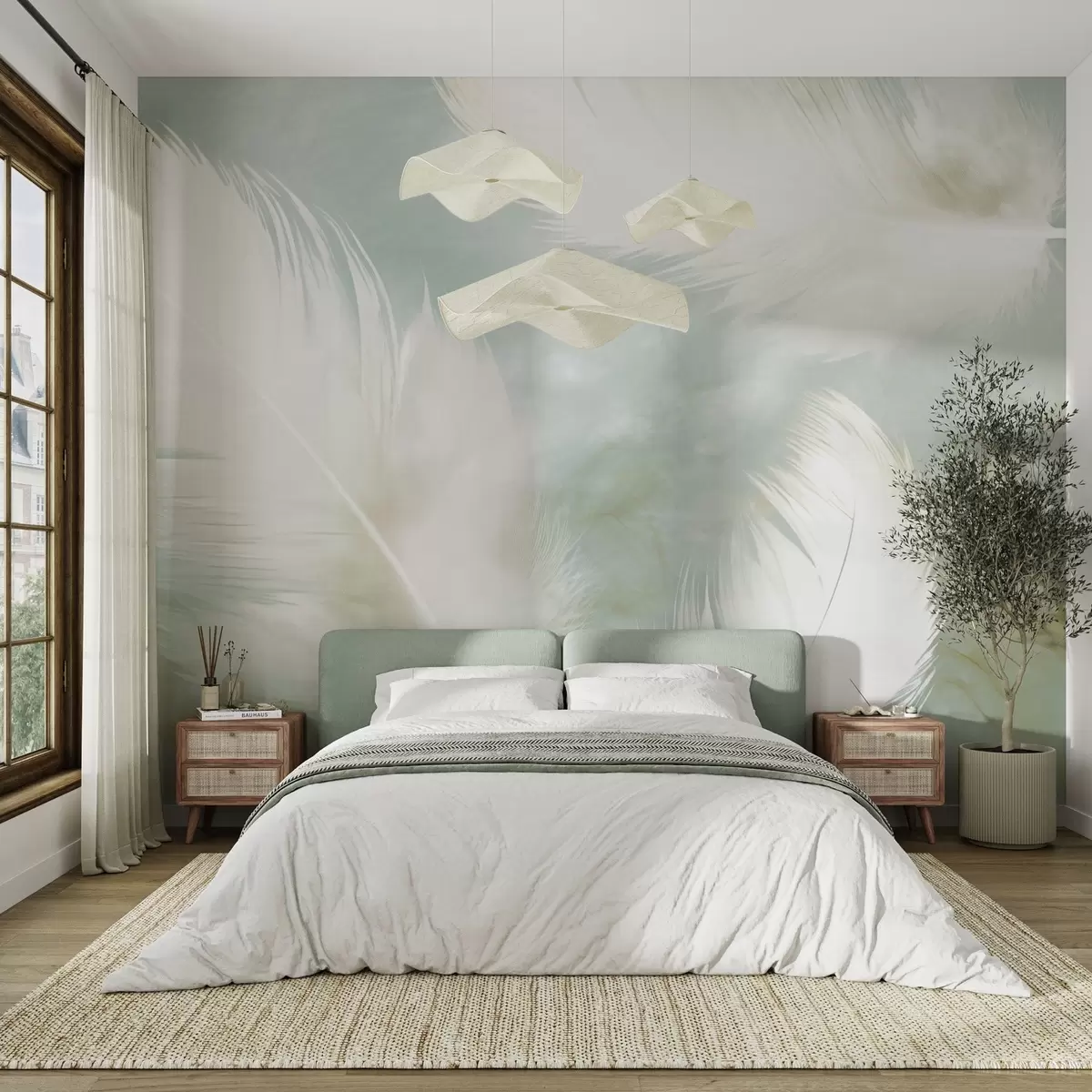 Fotobehang Delicate witte veren op een zachte mintkleurige achtergrond w04399
