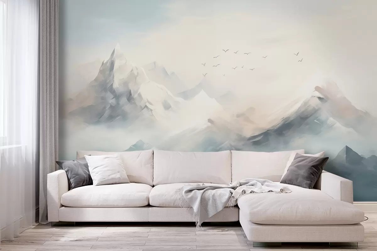 Fotobehang Besneeuwde bergtoppen in ochtendmist met zwevende vogels w09326