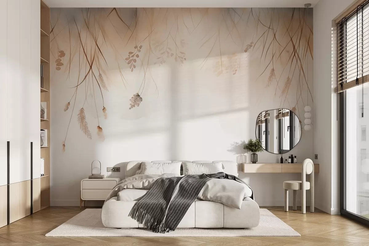Fotobehang Hangende kattenstaarten en graanaren in mist in zachte beige en bruine tinten w09328