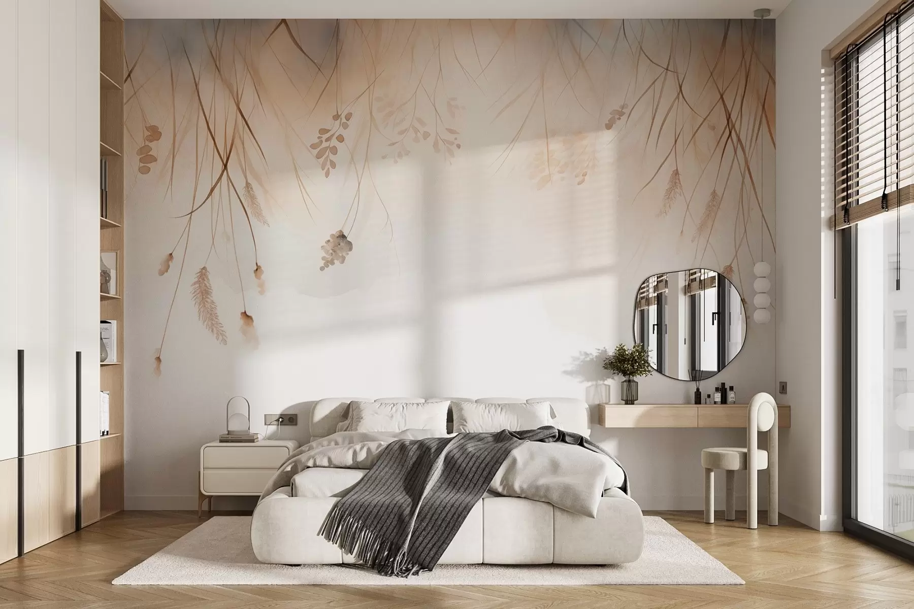 Fotobehang Hangende kattenstaarten en graanaren in mist in zachte beige en bruine tinten w09328