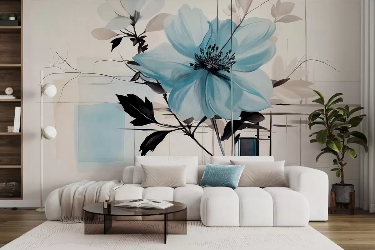 Fotobehang Abstracte getextureerde blauwe bloem met donkere bladeren en takken, geometrische minimalistische vormen en lijnen in gedempte kleuren w09332