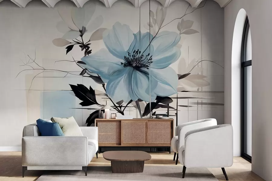 Fotobehang Abstracte getextureerde blauwe bloem met donkere bladeren en takken, geometrische minimalistische vormen en lijnen in gedempte kleuren w09332