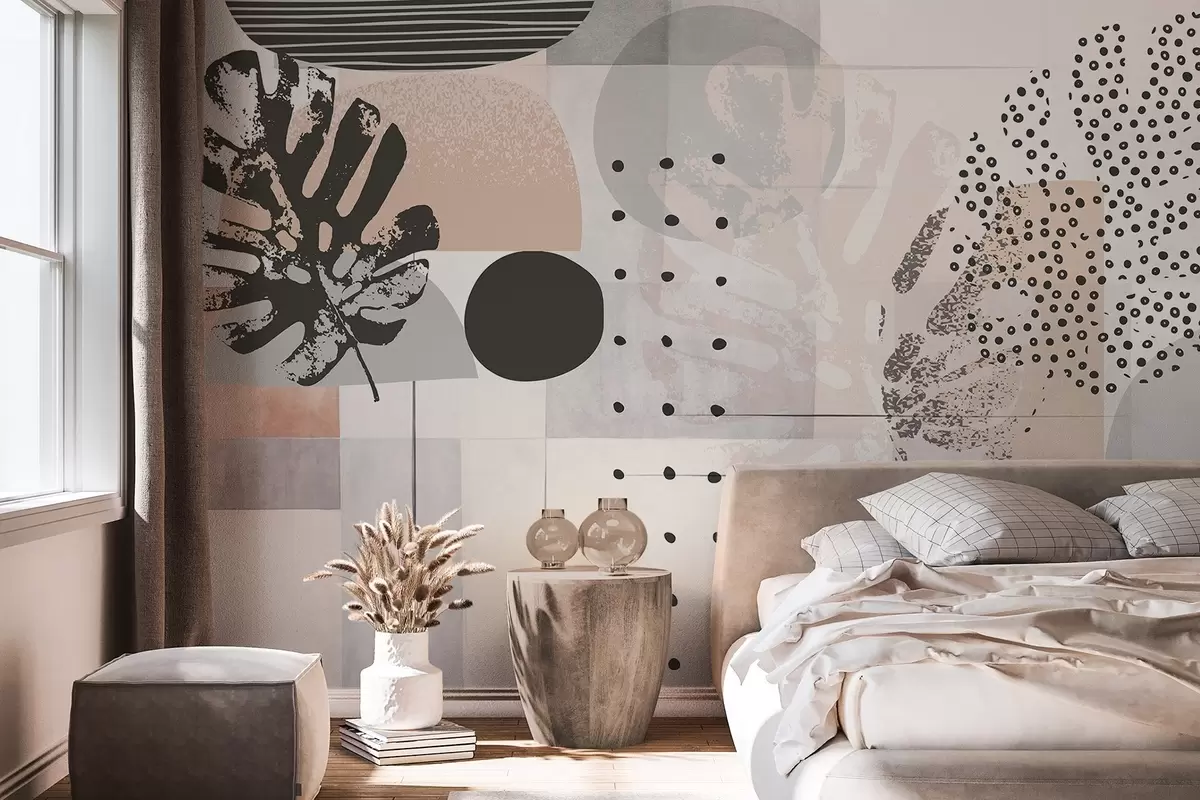 Fotobehang Abstracte print met geometrische vormen en monstera tropische bladeren, cirkels, stippen en lijnen, modern en minimalistisch ontwerp w09333