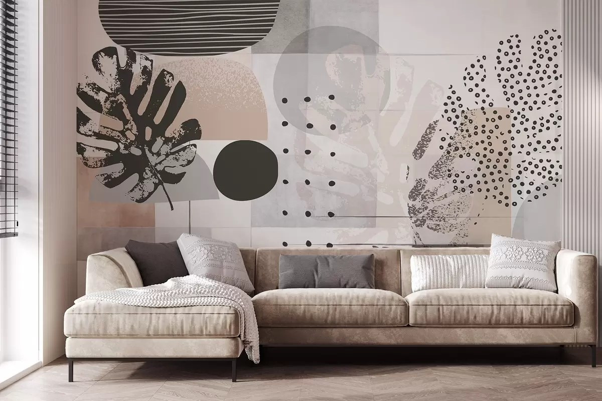Fotobehang Abstracte print met geometrische vormen en monstera tropische bladeren, cirkels, stippen en lijnen, modern en minimalistisch ontwerp w09333