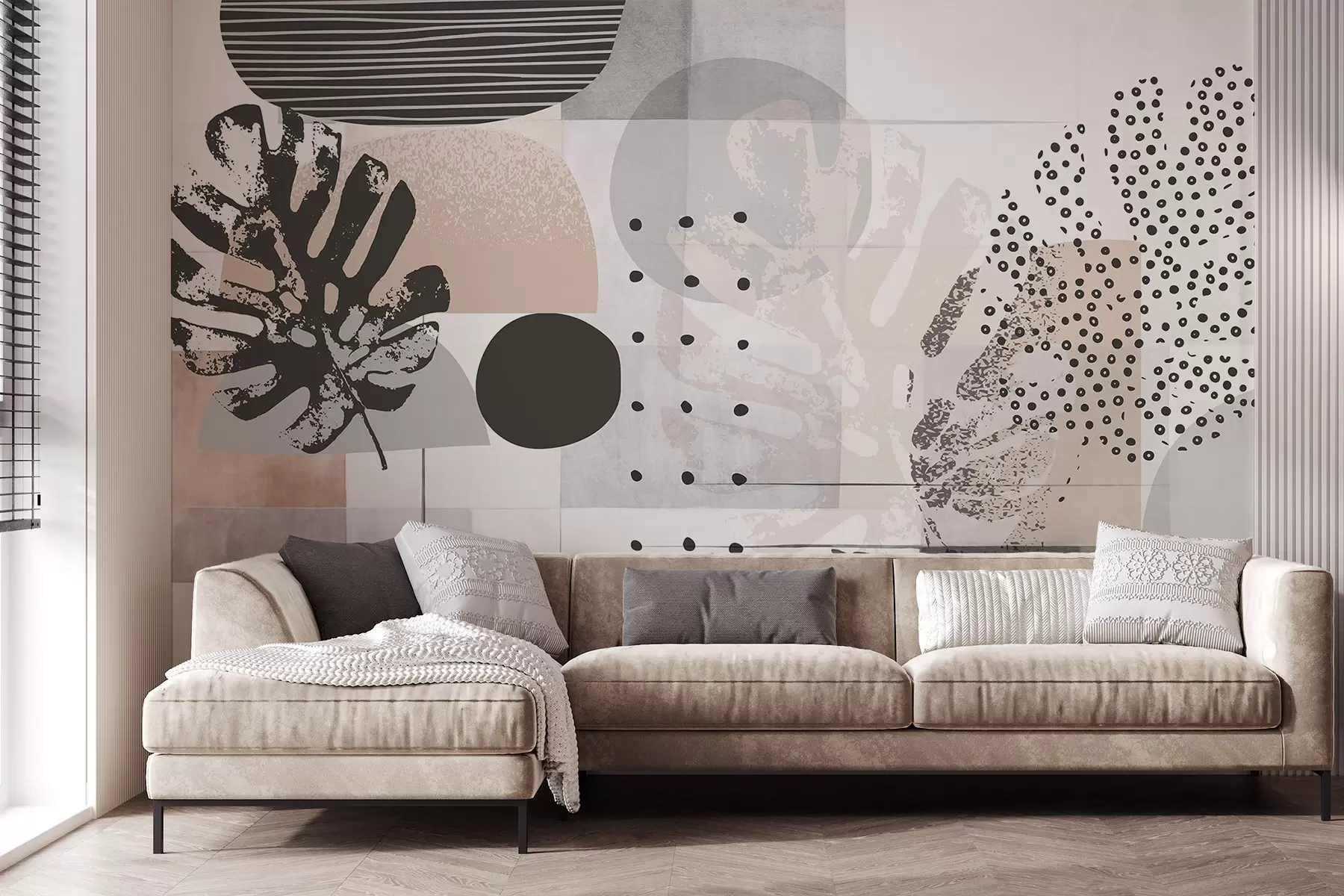 Fotobehang Abstracte print met geometrische vormen en monstera tropische bladeren, cirkels, stippen en lijnen, modern en minimalistisch ontwerp w09333