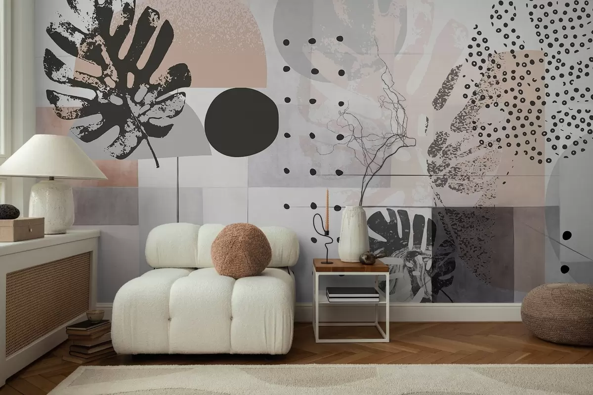 Fotobehang Abstracte print met geometrische vormen en monstera tropische bladeren, cirkels, stippen en lijnen, modern en minimalistisch ontwerp w09333