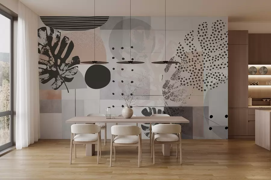 Fotobehang Abstracte print met geometrische vormen en monstera tropische bladeren, cirkels, stippen en lijnen, modern en minimalistisch ontwerp w09333